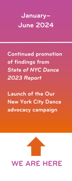 A timeline. Graphic one text: January– June 2024: Continued promotion of findings from State of NYC Dance 2023 Report. Launch of the Our New York City Dance advocacy campaign. An arrow points upward and text reads 'We Are Here'.